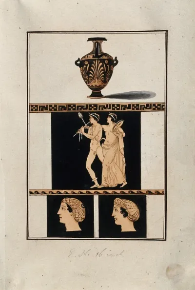 Above, red-figured Greek water jar (hydria); centre, detail of decoration showing one man playing the flute and another following him during what seems to be a bacchanalia; below, two heads in profile: one male, one female (?)
