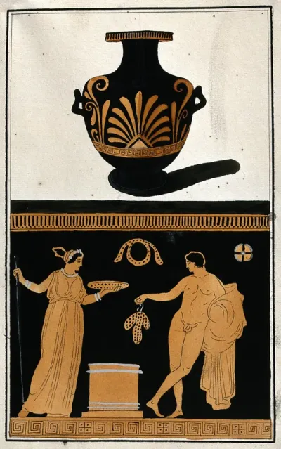 Above, red-figured Greek water jar (hydria) decorated with a palm motif; below, detail of decoration showing a naked man and a woman holding a dish