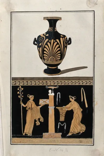 Above, red-figured Greek water jar (hydria) decorated with a palm motif; below, detail of decoration showing two women holding various objects around a stele