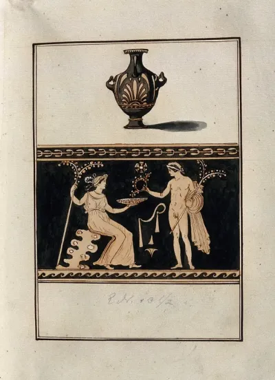 Above, red-figured Greek water jar (hydria) decorated with a palm motif; below, detail of the decoration showing a naked man bringing flowers to a seated woman holding a plate