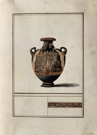 Above, red-figured Greek water jar (hydria) decorated with figures and a palm motif; below, detail of the decoration showing a frieze of stylised foliage