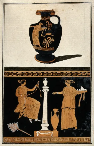 Above, red-figured Greek water jar (hydria) decorated with figures; below, detail of decoration showing a seated woman and her servant, carrying a tray with vessels