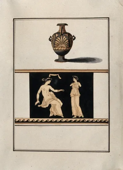 Above, red-figured Greek water jug (hydria) decorated with a palm motif; below, detail of the decoration showing a seated woman and an armless standing woman