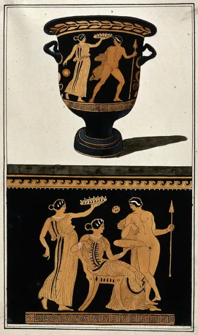 Above, red-figured Greek wine bowl (bell krater); below, detail of decoration showing a naked man holding a spear and two women, one of them seated