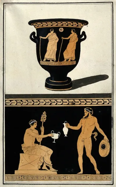Above, red-figured Greek wine bowl (bell krater); below, detail of decoration showing a satyr about to pour some wine for a seated man (Dionysus?)