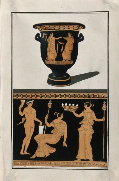 Above, red-figured Greek wine bowl (bell-krater); below, detail of decoration showing a seated woman, a satyr and a woman holding a basket of eggs ?