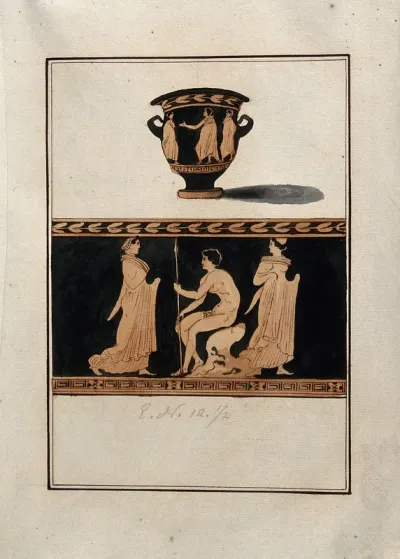 Above, red-figured Greek wine bowl (bell-krater); below, detail of decoration showing two women and a naked man, seated and holding a spear