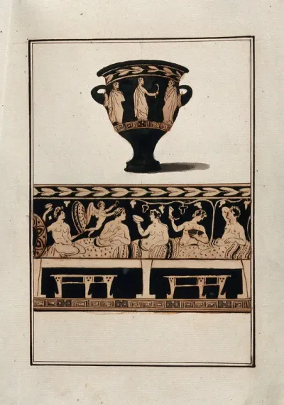 Above, red-figured Greek wine bowl (bell-krater); below, detail of the decoration showing five reclining symposiasts and a winged figure