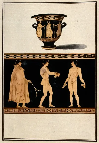 Above, red-figured Greek wine bowl (bell krater); below, detail showing two naked men and a man wearing a cloak