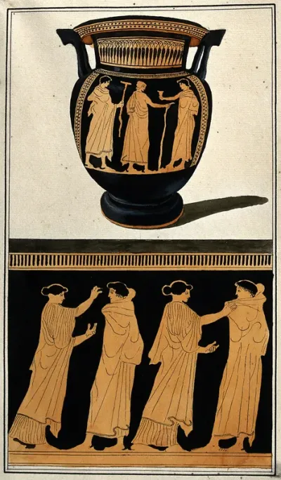 Above, red-figured Greek wine bowl (column krater); below, detail of decoration showing two men and two women