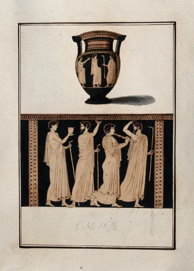 Above, red-figured Greek wine bowl (column krater); below, detail of the decoration showing a procession of four men (priests?), one of them playing the flute