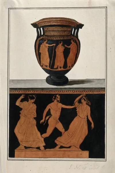 Above, red-figured Greek wine bowl (column krater); below, detail of the decoration showing two women and a satyr