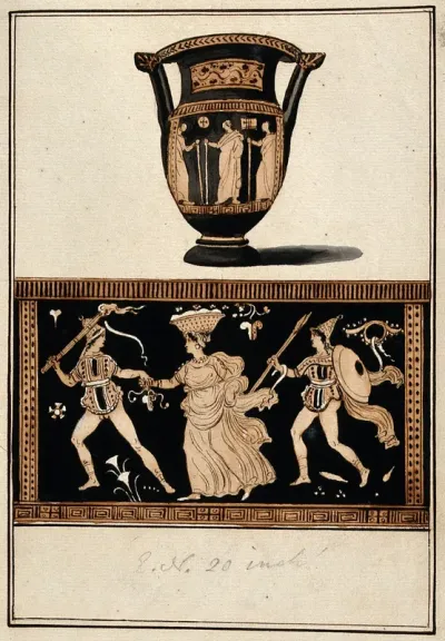 Above, red-figured Greek wine bowl (column krater); below, detail showing a man with a torch holding the hand of a woman with a basket (of grape ?) on her head and a man with a shield (during a bacchanalia ?)