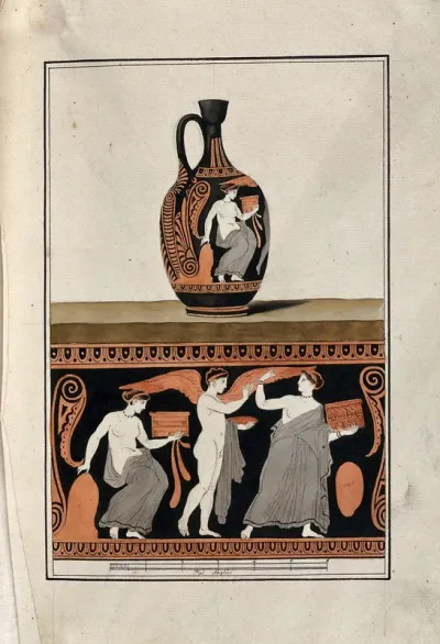 Above, red-figured Greek wine jug (lekythos) decorated with figures and a palm motif; below, detail of the decoration showing a woman holding a casket followed by a winged figure holding a plate, and a seated woman draped below the waist