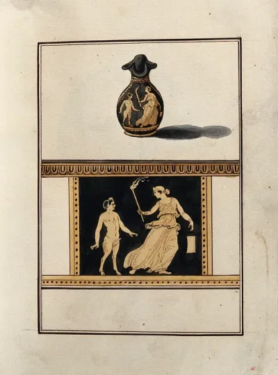 Above, red-figured Greek wine-jug (oinochoe); below, detail of the decoration showing a woman holding a torch (most probably Demeter on her quest to find her daughter Persephone) and a satyr