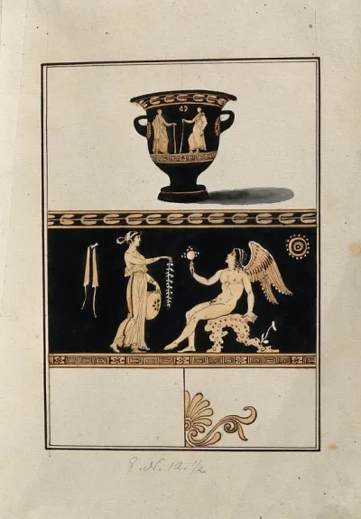 Above, red-figured Greek wine-mixing bowl (bell-krater); below, detail of the decoration showing a seated winged figure and a woman holding various objects