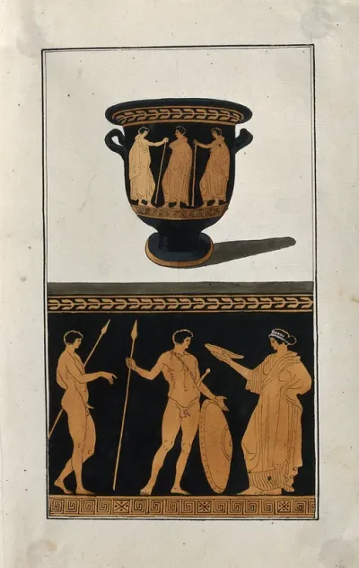 Above, red-figured Greek wine-mixing bowl (bell-krater); below, detail of the decoration showing a woman and two naked men with spears and a shield