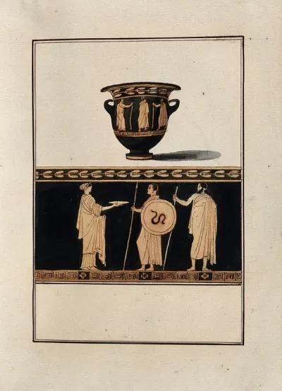 Above, red-figured Greek wine-mixing bowl (bell-krater); below, detail of the decoration showing a woman and two warriors, one of them holding a spear, the other holding a spear and a shield decoration with a snake