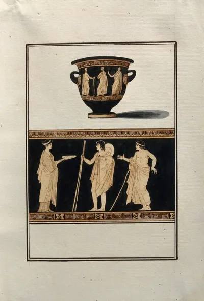 Above, red-figured Greek wine-mixing bowl (bell-krater); below, detail of the decoration showing a woman holding a plate and two youths with walking sticks
