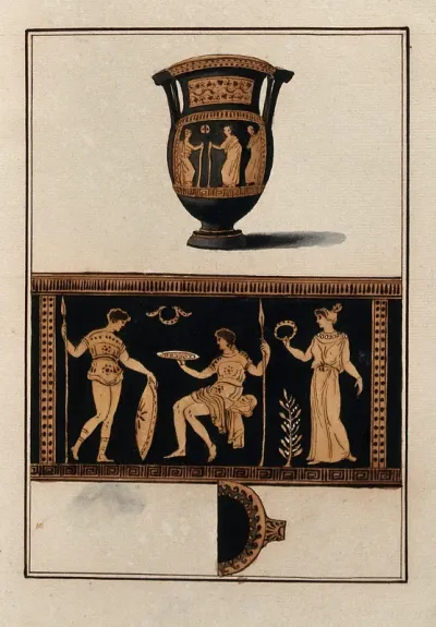 Above, red-figured Greek wine-mixing bowl (column krater); below, detail of the decoration showing a woman, a man holding a shield and a spear and a seated man holding a spear