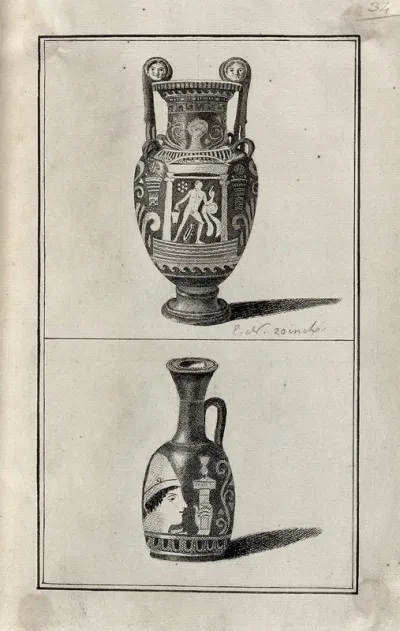 Above, red-figured Greek wine-mixing bowl (volute-krater) decorated with the figure of a man in a temple; below, red-figured Greek perfume jar (lekythos) decorated with the face of a youth