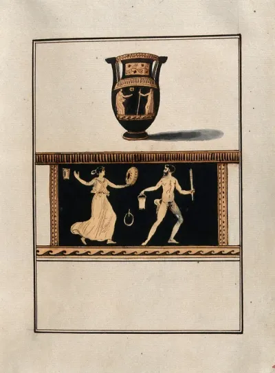 Above, red-figured wine-mixing bowl (column krater); below, detail of the decoration showing a maenad dancing with a satyr