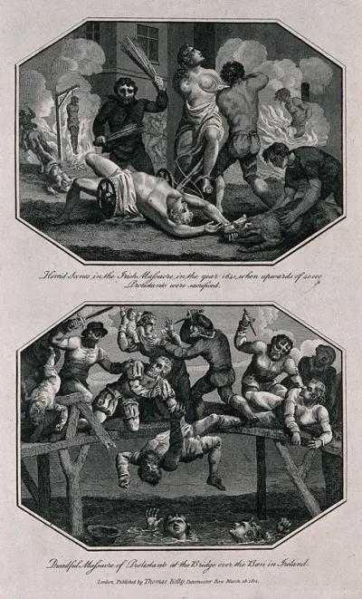Above, the Irish Massacre in 1641: men are being hanged, beaten and dragged by their feet behind horses while a woman has her nipples cut off with large scissors; below, men women and children are massacred on a bridge over the River Boen in Ireland