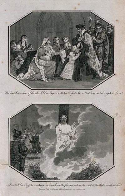 Above, the last interview of Reverend John Rogers with his wife and his eleven children before his ordeal; below, Reverend John Rogers tied to the stake and burning to death rubbing his hands over the fire