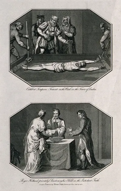 Above, the martyr Cuthbert Simpson is tortured on the rack in the Tower of London; below, Roger Holland, a Protestant priest, christens his child secretly in the Protestant faith