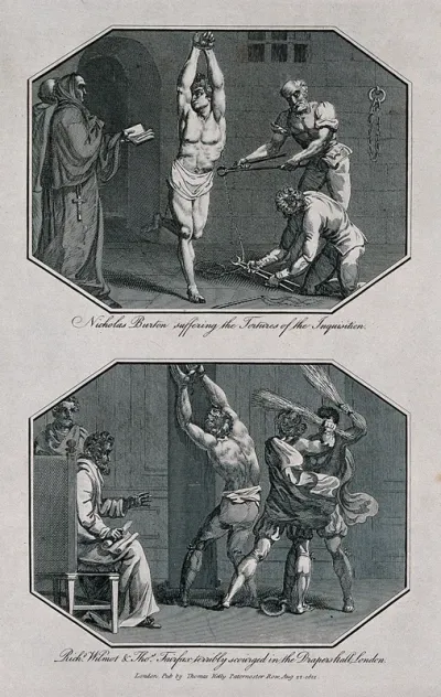 Above, the martyr Nicholas Burton is tied and suspended from a hook and tortured by men using pliers to tear flesh from his body; below, Richard Wilmot and Thomas Halifax are scourged in Drapers Hall, London