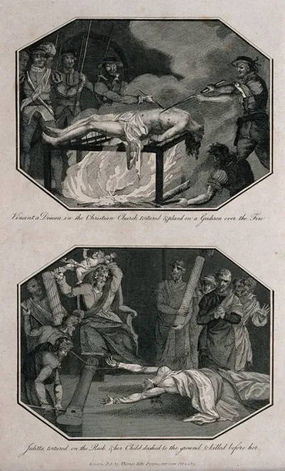 Above, the martyr Vincent is tortured by being placed on a gridiron with spikes over a fire and being prodded with pliers; below, Julitta is tortured on the rack and her child hurled to the ground and killed by governor Alexander