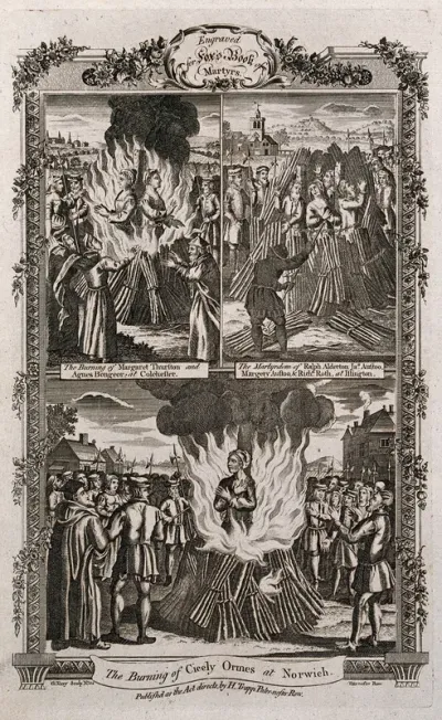 Above, the martyrs Cicely Ormes and Margaret Thurston are burnt back to back at the stake in Colchester and the burning at a stake in Islington of the martyrs Ralph Alderton, Margery Austoo and R