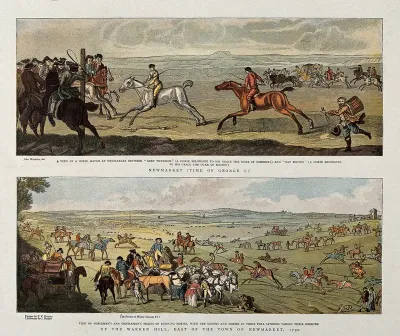 Above, two horses and their riders are approaching the finishing post in a race at Newmarket, eagerly awaited by a crowd; below, grooms and horses taking their exercises on a field outside the town of Newmarket