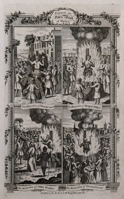 Above, two martyrs, Dirick Carver and Margery Polley are burnt at the stake: below, two martyrs, John Denley and Thomas Iveson are burnt alive at the stake