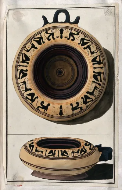 Above, white-ground black-figured Greek vessel decorated with a frieze of stylised sphinxes and lions; below, side view of the vessel