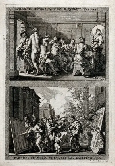 (Above) Zeuxis painting the portrait of Juno from the features of five different women; (below) Parrhasius deceives onlookers with a painting of a veil over a painting, and birds with a painting of grapes