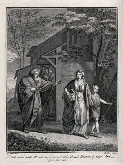 Abraham banishes Hagar and Ishmael; Sarah and Isaac look on