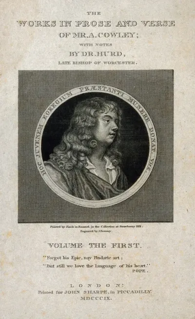 Abraham Cowley. Line engraving by J. Romney, 1809, after Sir P. Lely