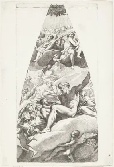 Abraham en Isaak met heiligen gezeten op een wolk