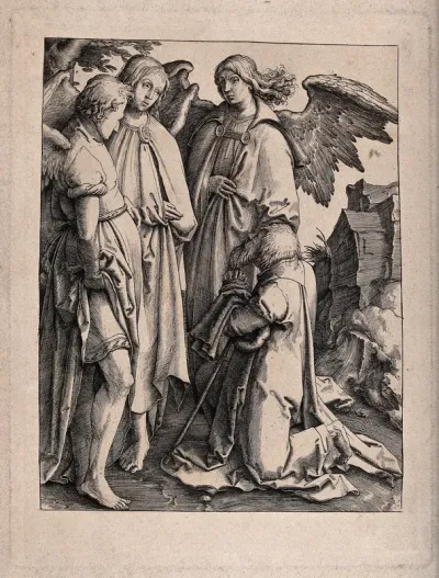 Abraham falls on his knees before the three angels