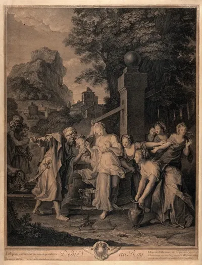 Abraham's servant is impressed by the beautiful Rebecca, who stands in white amid the women around the well