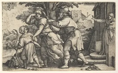 Abraham sending away Hagar and Ishmael: Abraham holds forth a vessel as Hagar and Ishmael stride before him, from "The Story of Abraham"