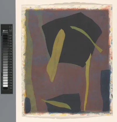 Abstracte schildering in groen, geel, zwart en paars