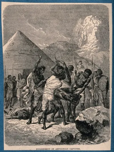 Abyssinians beating captives to death with sticks