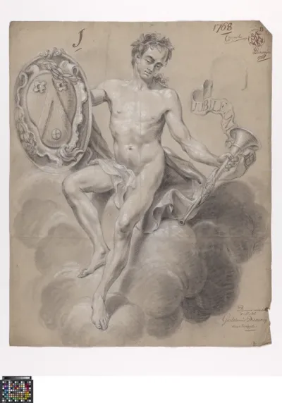 Academic life drawing study: seated male nude with coat of arms and trumpet