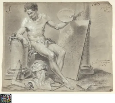 Academic life drawing study: seated male nude with painter's attributes