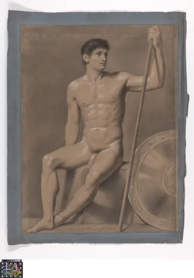 Academic life drawing study: seated male nude with shield