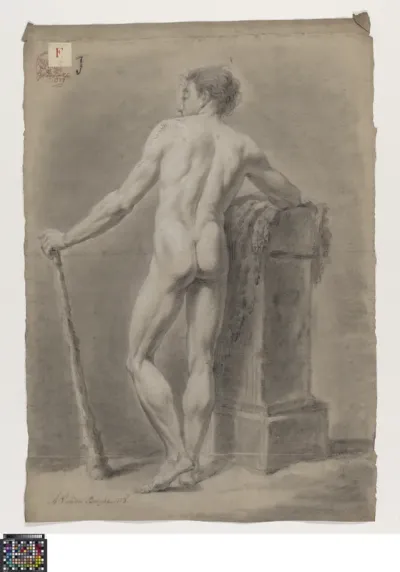 Academic life drawing study: standing male nude holding a bat, seen from behind