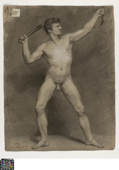 Academic life drawing study: standing male nude holding a bat
