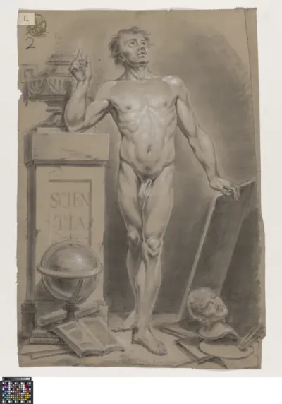 Academic life drawing study: standing male nude, personification of science (Scientia)